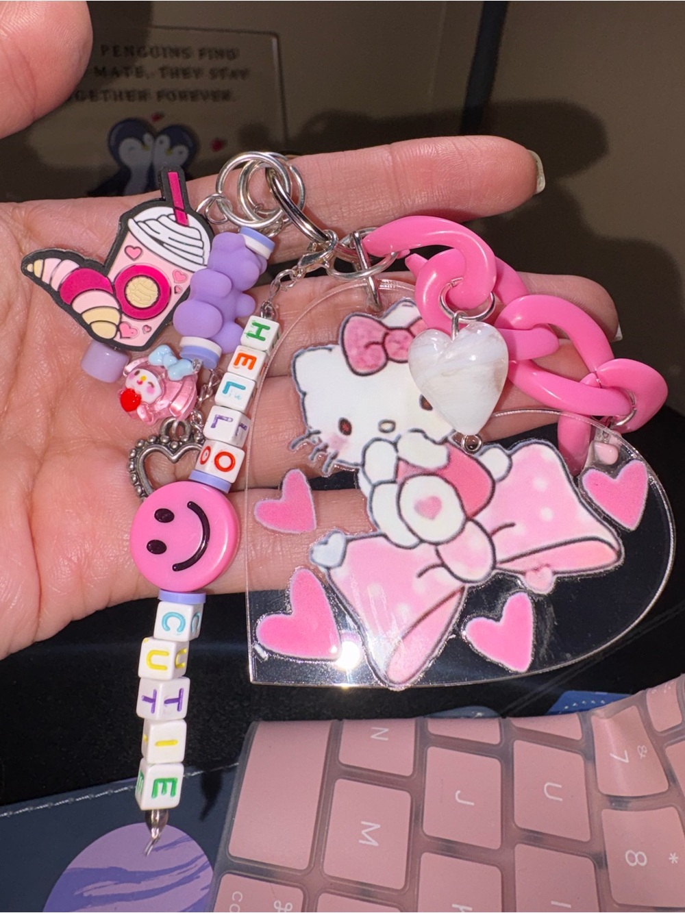 Sanrio Hello Kitty Pink Heart Charm Keychain with Bead Accents